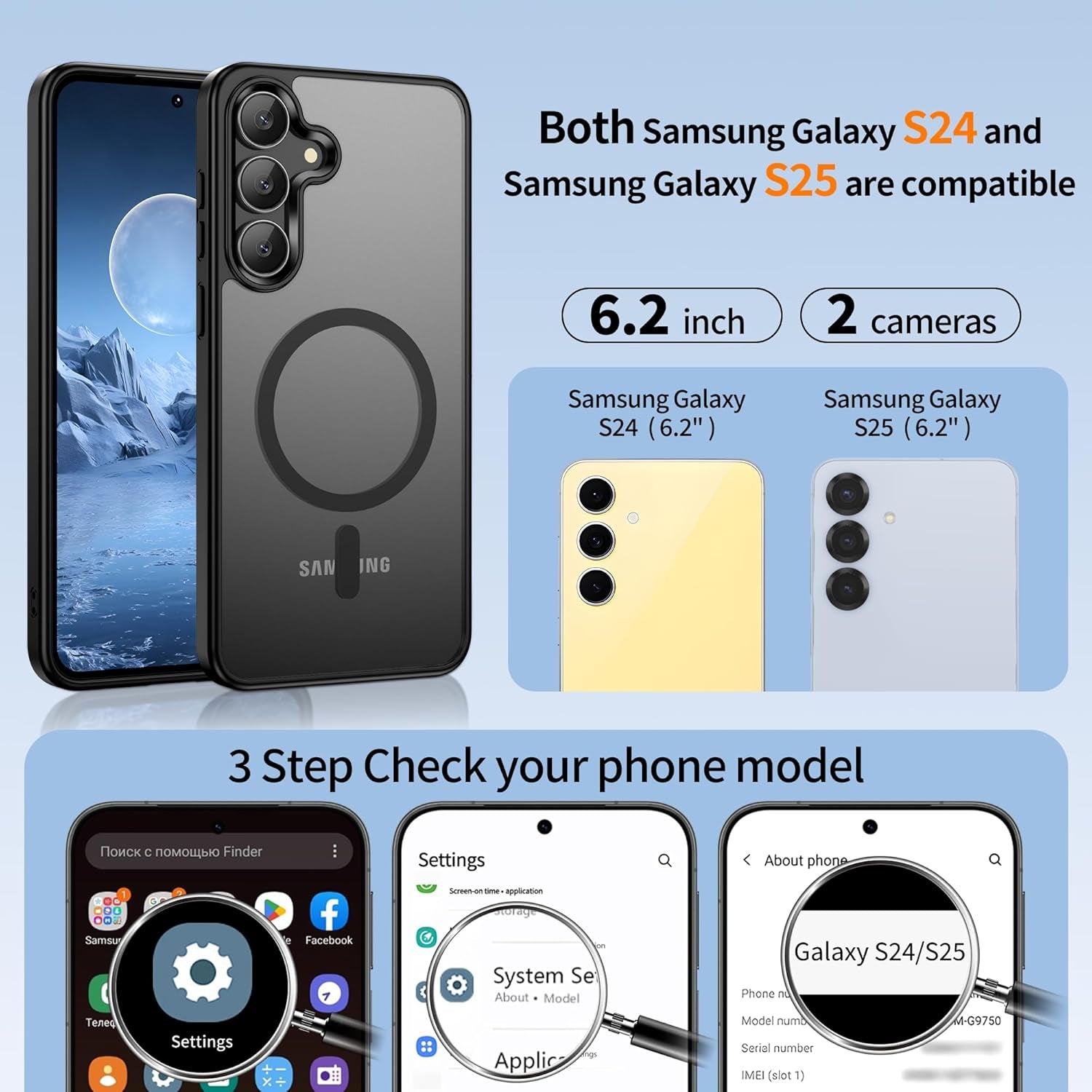 for Samsung Galaxy S24/S25 Case with 2 PCS Screen Protector (Compatible with Magsafe)(Military Grade Drop Protection) Slim Translucent Matte & Anti-Fingerprint Phone Cover for S24/S25,Black