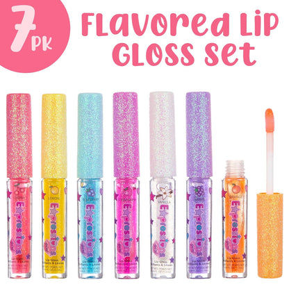 7Pc Fruity Flavored Lip Gloss Set – Assorted Fruit Flavor Lip Glosses | Non-Toxic Kids Makeup | Fun Shiny Lip Gloss Collection for Kids, Teens & Girls – Sweet & Glossy Lip Care