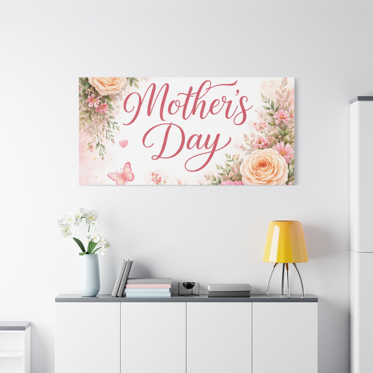 Mother's Day Canvas Wall Art - "Happy Mother's Day" Floral Stretched Matte Print