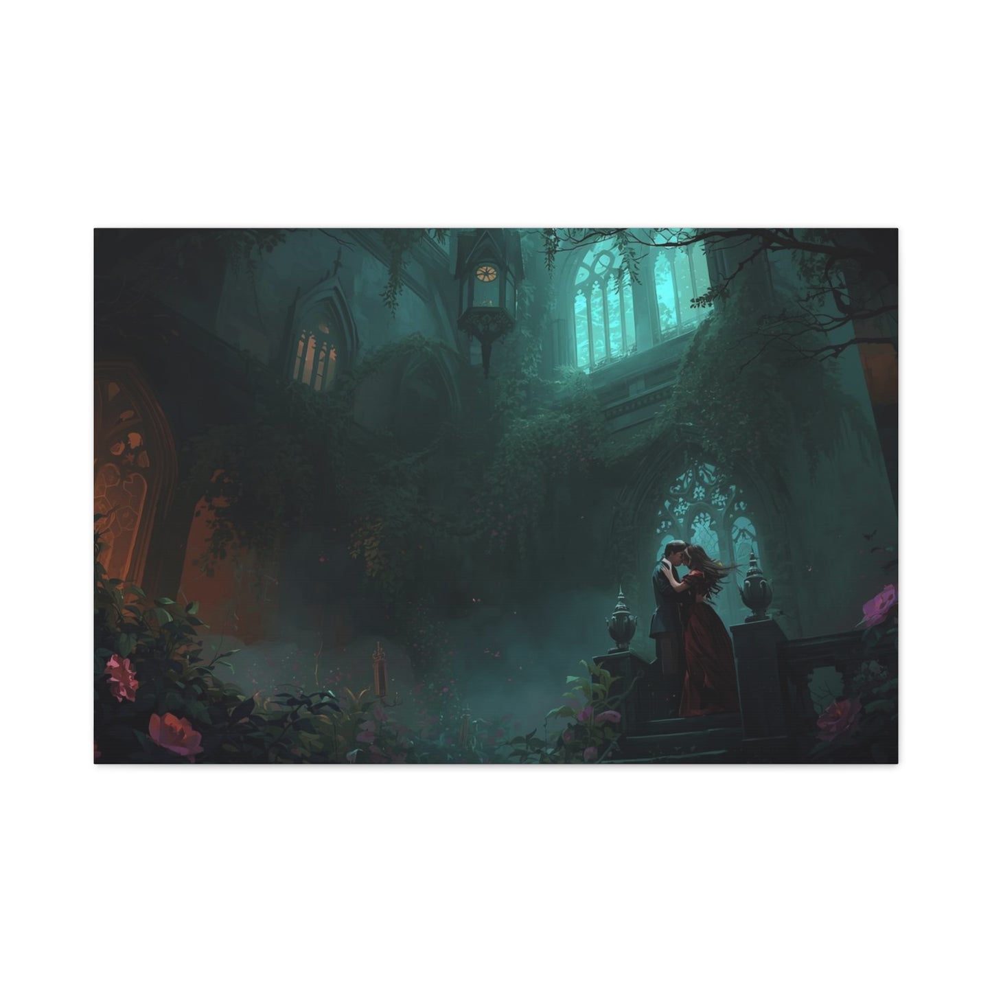 Gothic Romance Matte Canvas Wall Art — Enchanted Ruins with Lovers