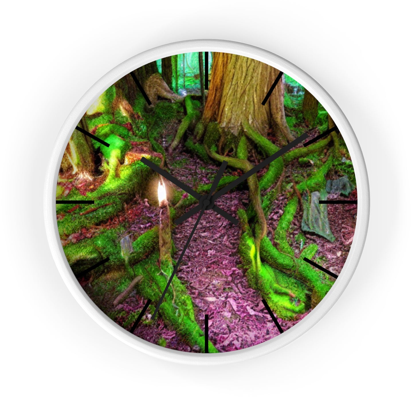 Enchanted Forest Wall Clock — Mossy Tree Roots with Candlelight