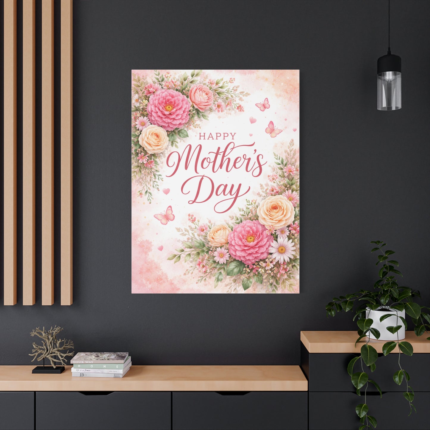 Mother's Day Canvas Wall Art - "Happy Mother's Day" Floral Stretched Matte Print