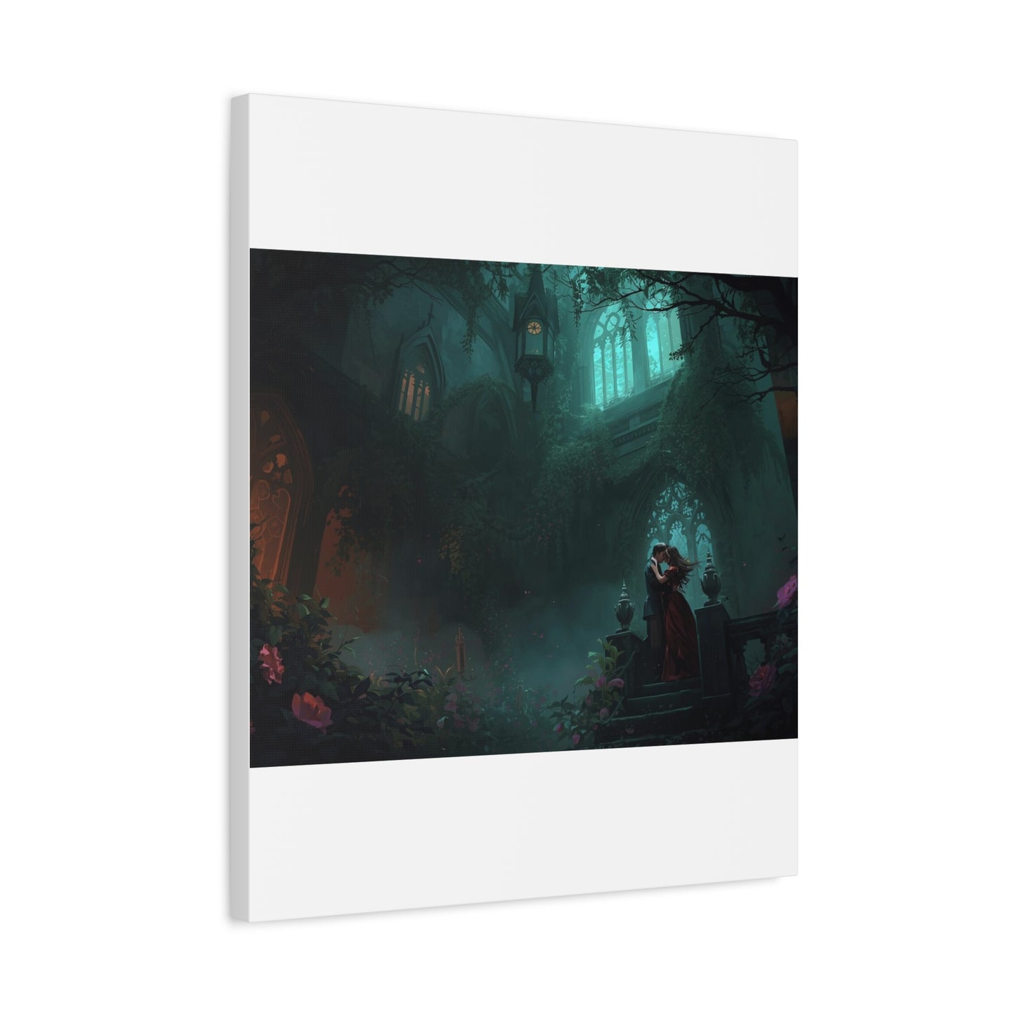 Gothic Romance Matte Canvas Wall Art — Enchanted Ruins with Lovers