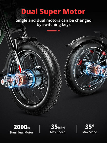 S8 Adults Electric Bike for Men 2000W Dual Motor Bicycle 48V 25AH Battery 20" Ebike Electric E Bikes Mountain Moped Ebikes