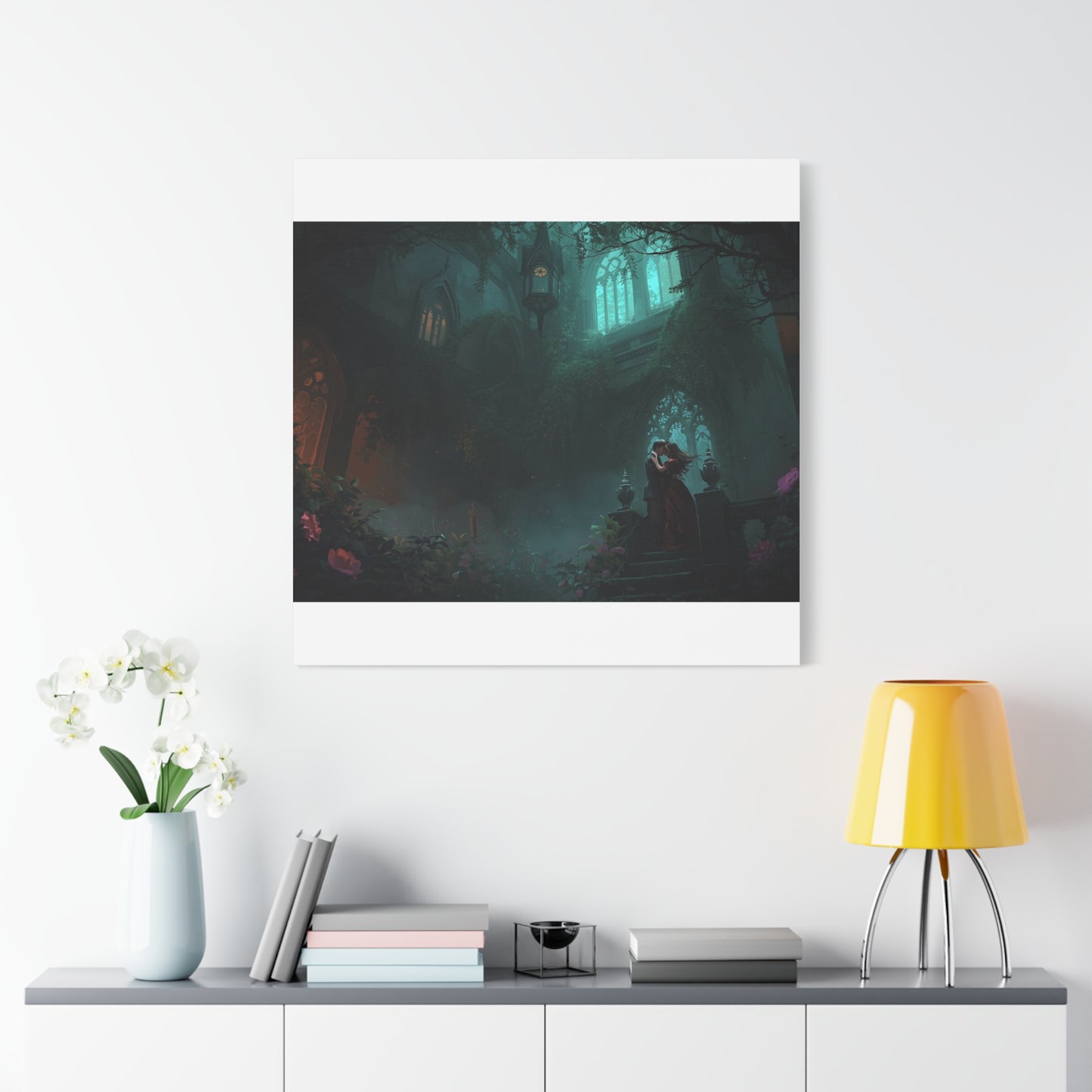 Gothic Romance Matte Canvas Wall Art — Enchanted Ruins with Lovers