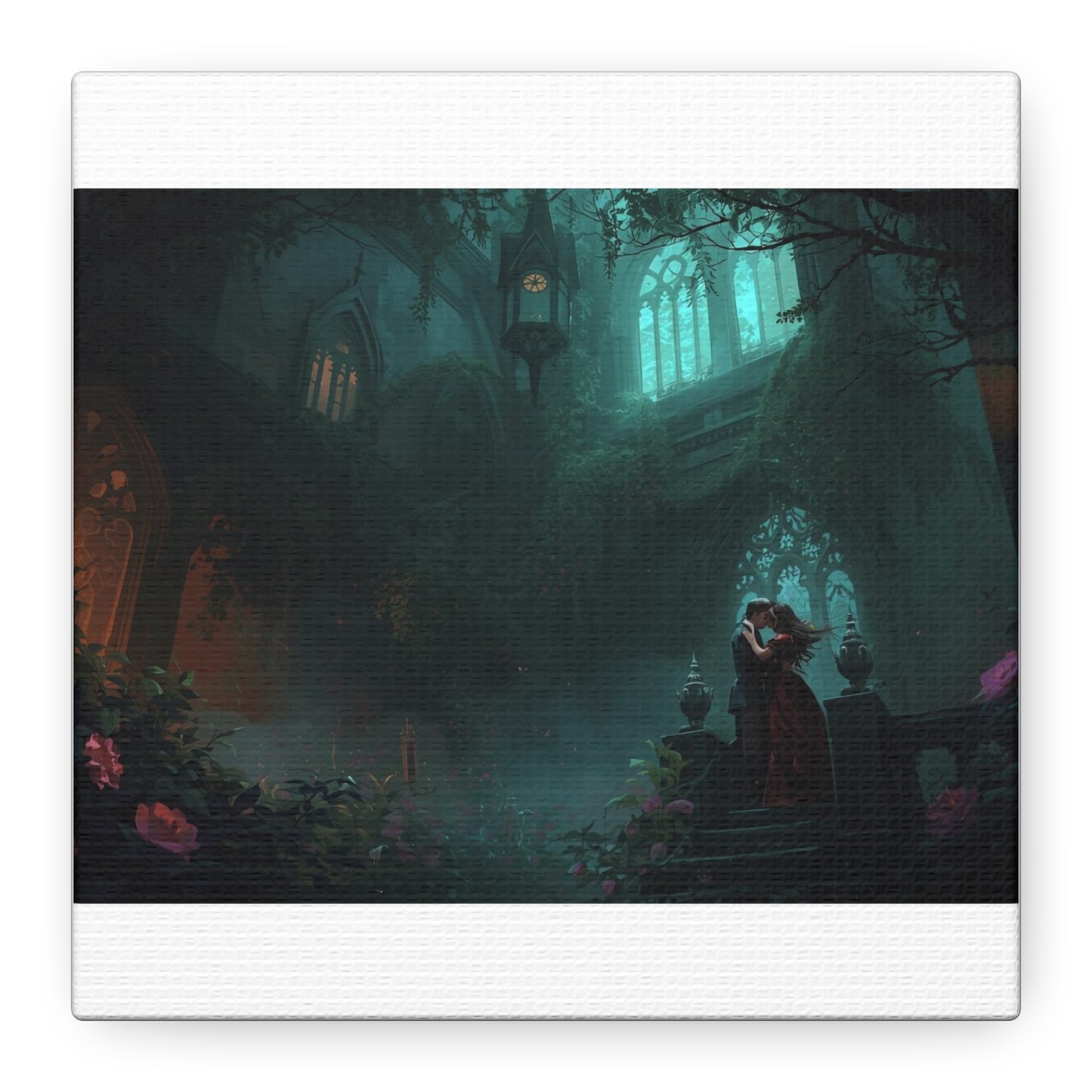Gothic Romance Matte Canvas Wall Art — Enchanted Ruins with Lovers