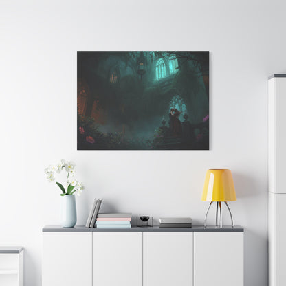 Gothic Romance Matte Canvas Wall Art — Enchanted Ruins with Lovers