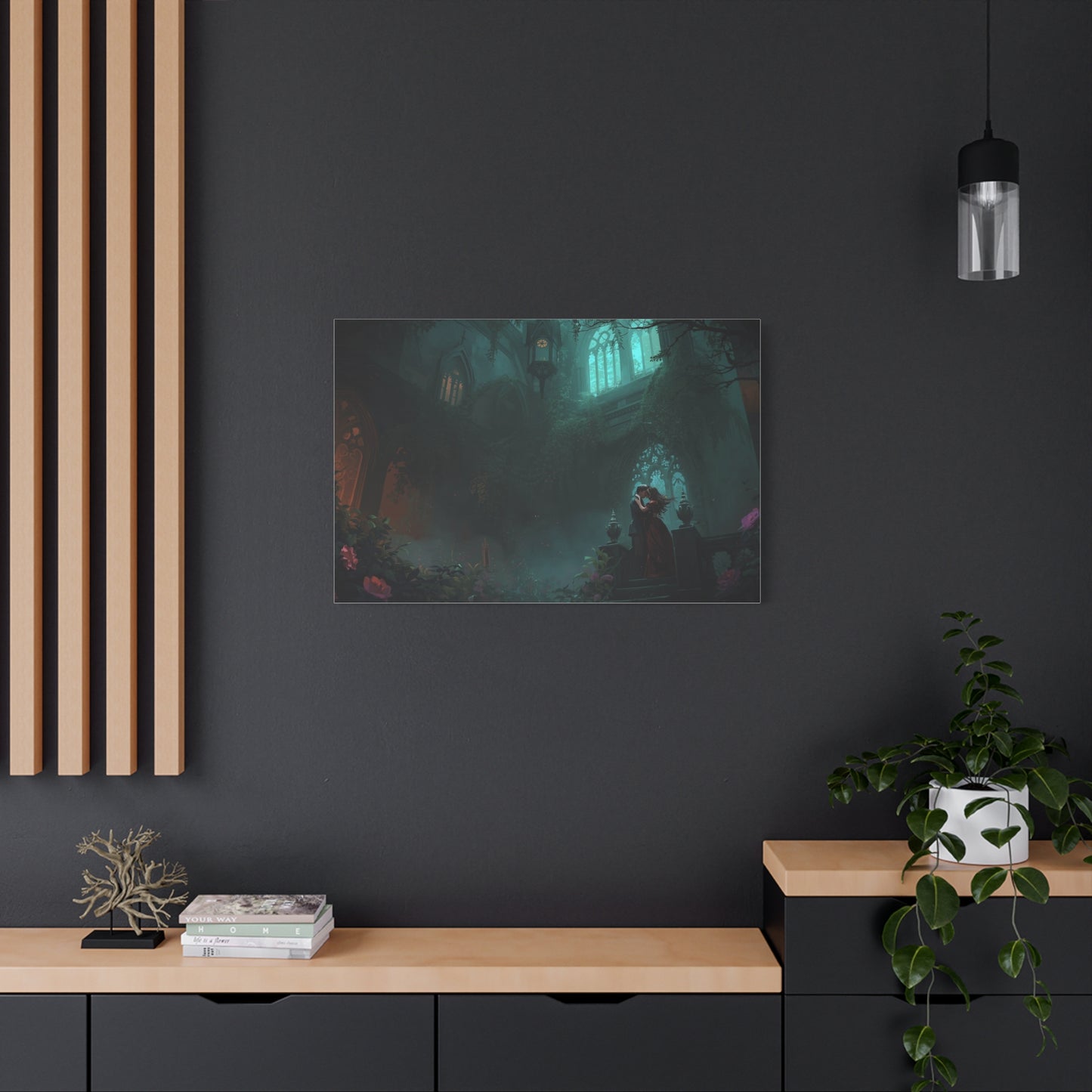 Gothic Romance Matte Canvas Wall Art — Enchanted Ruins with Lovers