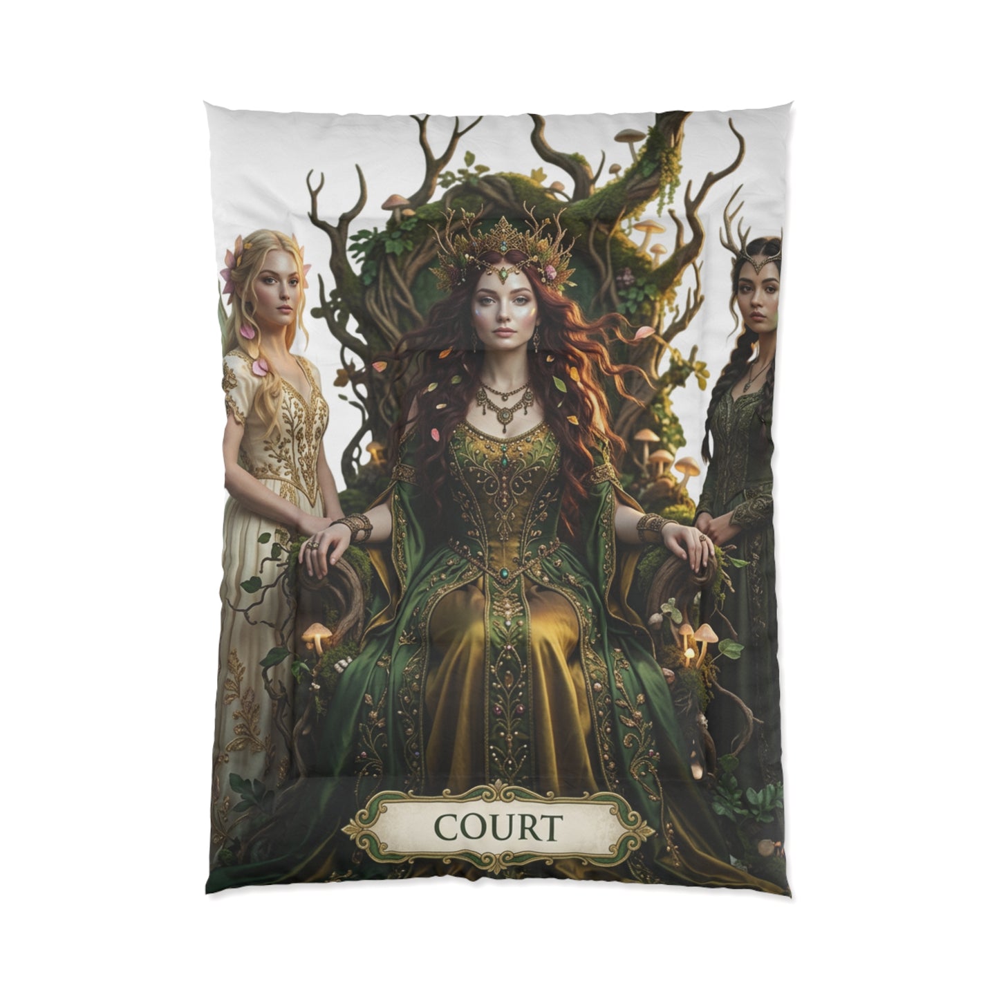 Court Goddess Comforter - Fantasy Medieval Green Queen Bedding