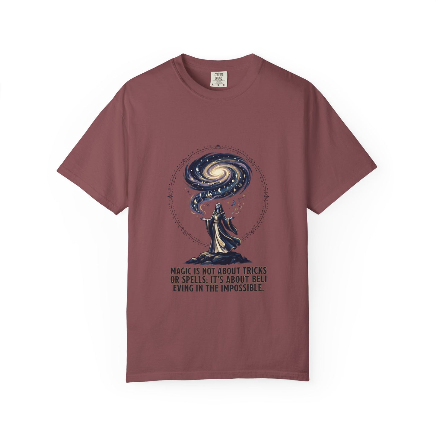 Magic Believe T‑Shirt — Wizard Gazing at Galaxy with "Magic is not about tricks or spells; it's about believing in the impossible" Quote