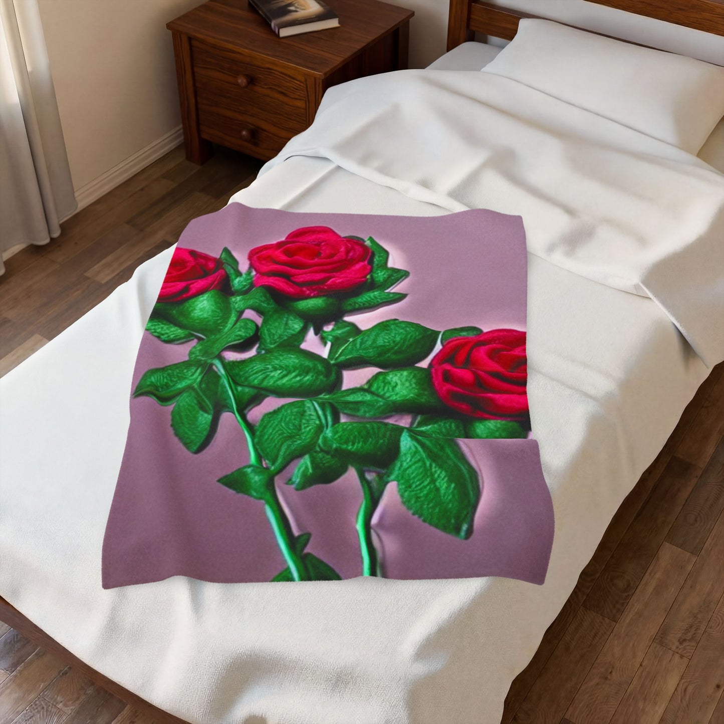 Velveteen Plush Blanket — Vintage Red Roses on Mauve Throw (Cozy Floral Gift for Valentine’s Day & Home Décor)