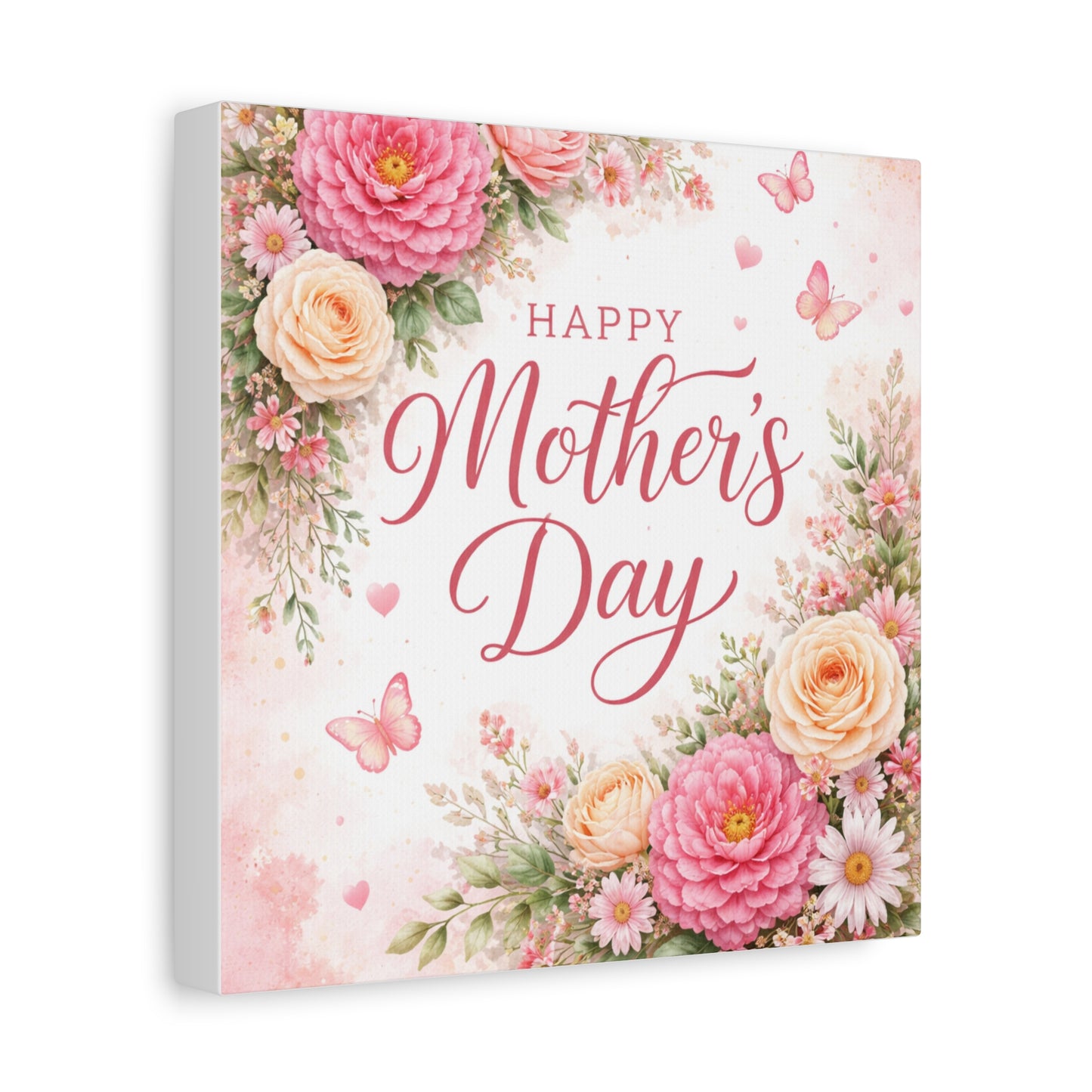 Mother's Day Canvas Wall Art - "Happy Mother's Day" Floral Stretched Matte Print