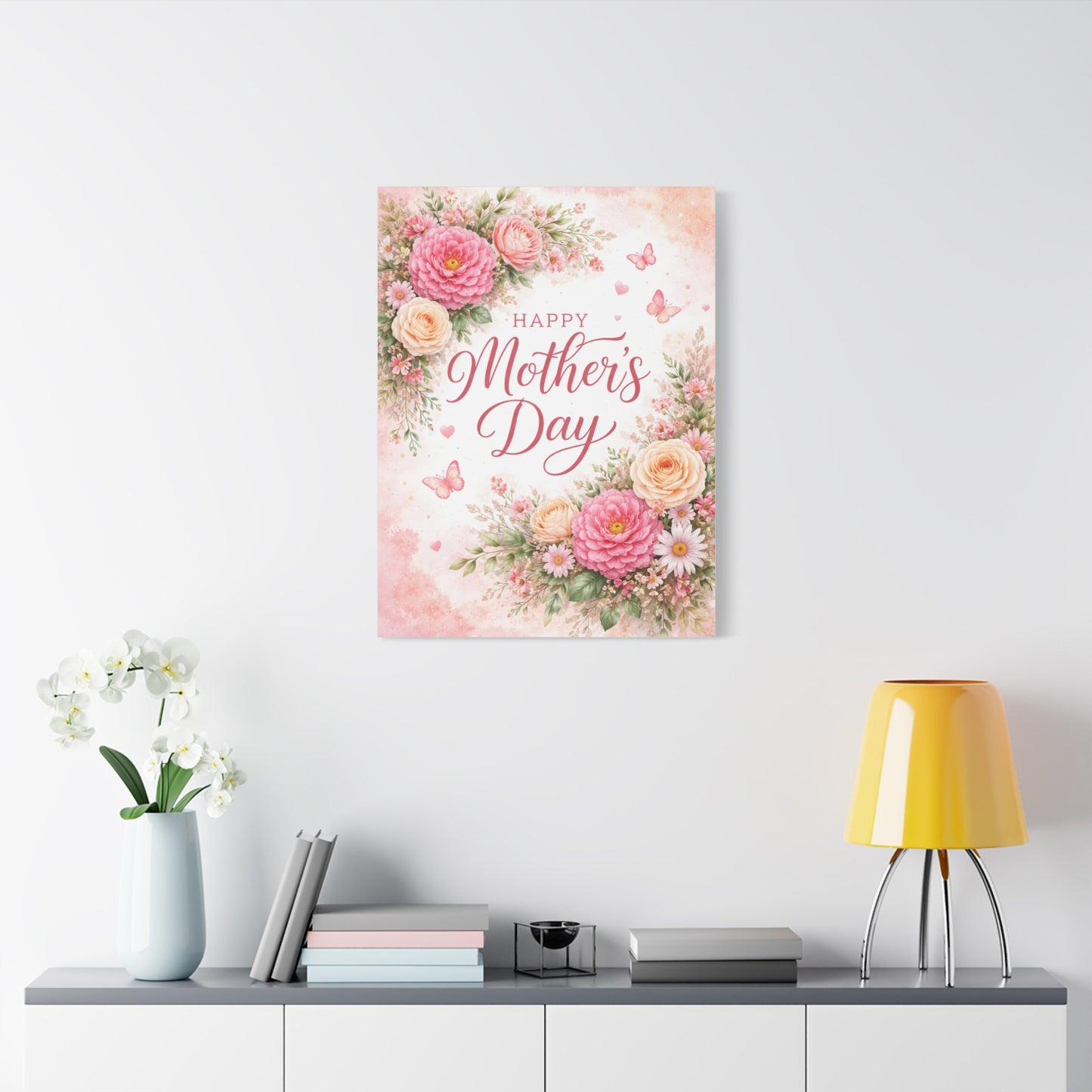 Mother's Day Canvas Wall Art - "Happy Mother's Day" Floral Stretched Matte Print