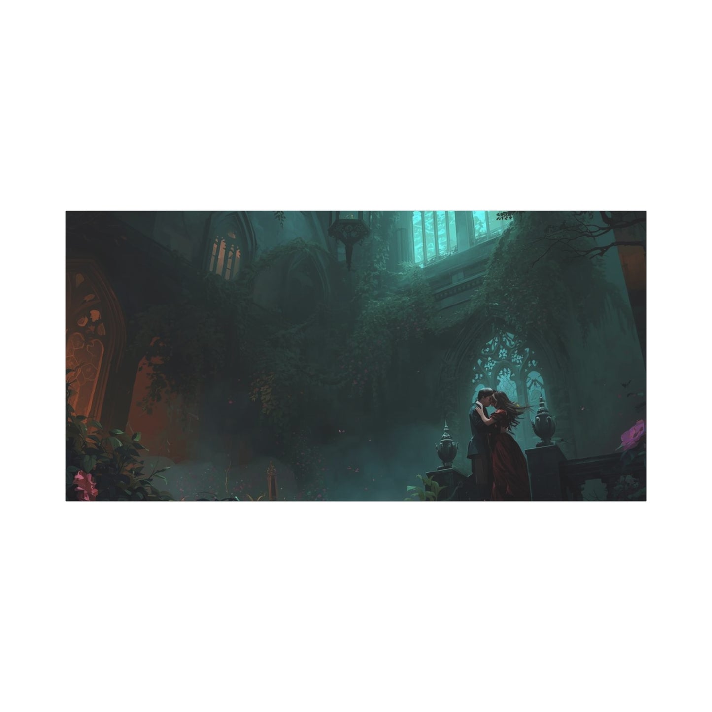 Gothic Romance Matte Canvas Wall Art — Enchanted Ruins with Lovers