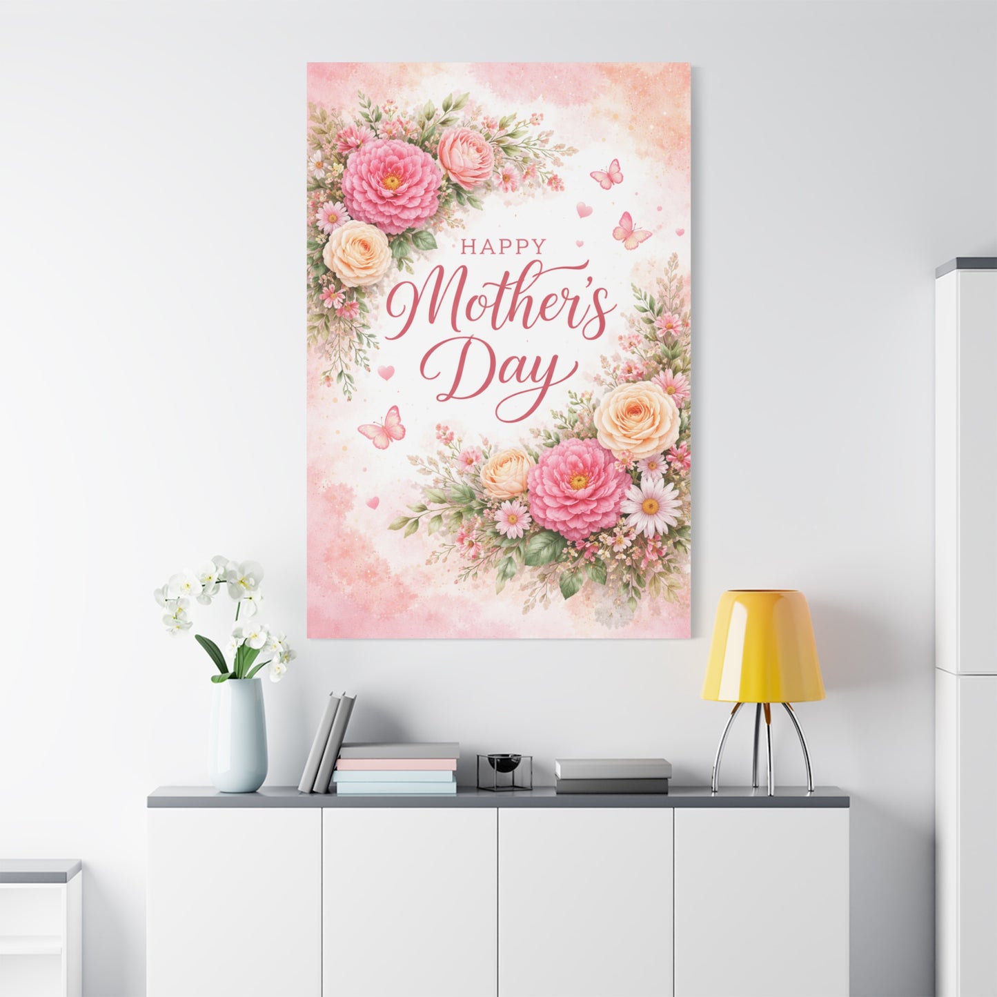 Mother's Day Canvas Wall Art - "Happy Mother's Day" Floral Stretched Matte Print