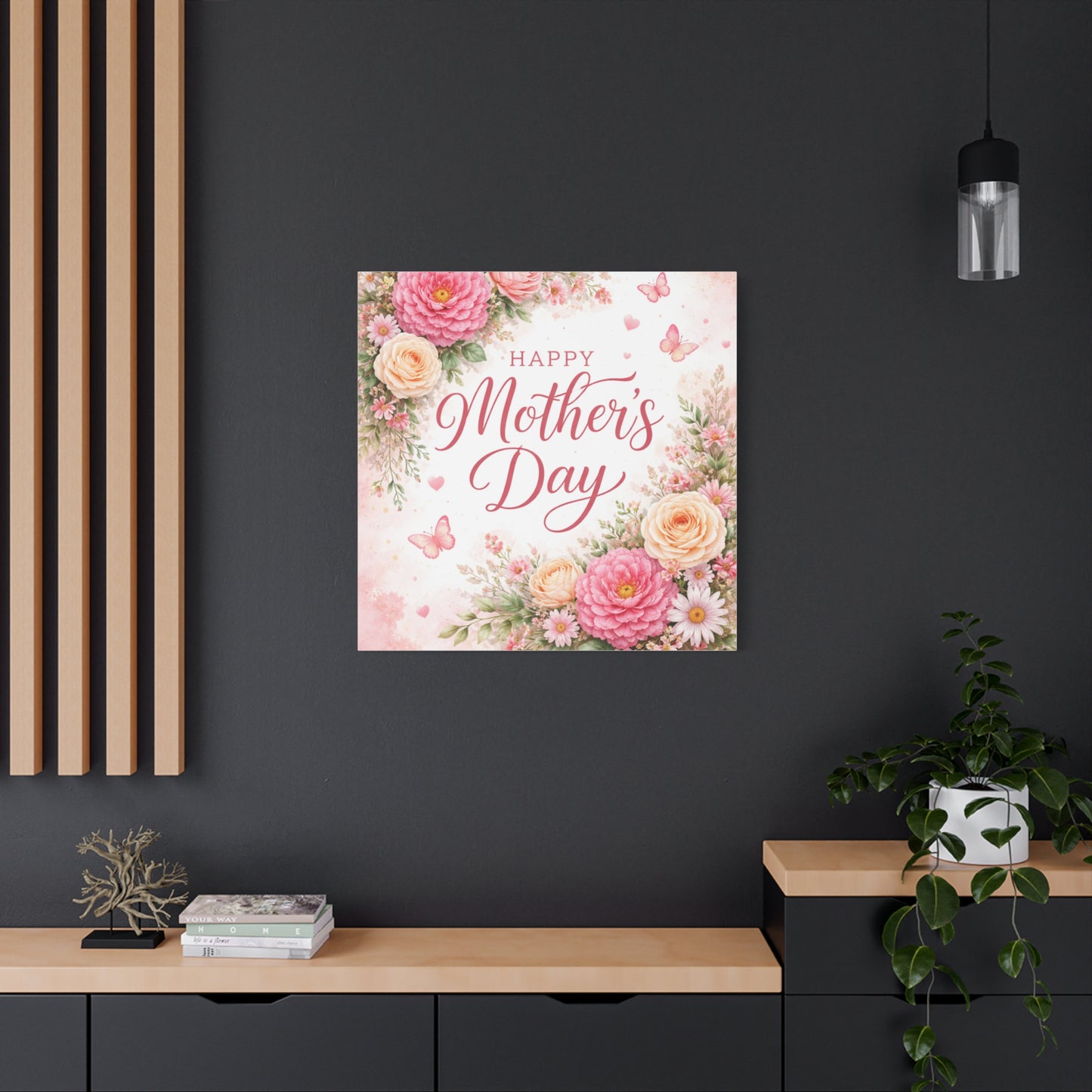 Mother's Day Canvas Wall Art - "Happy Mother's Day" Floral Stretched Matte Print