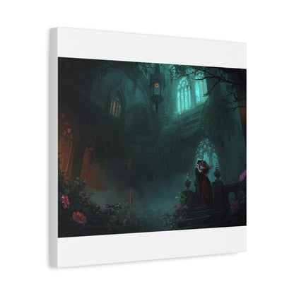 Gothic Romance Matte Canvas Wall Art — Enchanted Ruins with Lovers