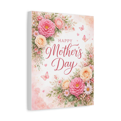 Mother's Day Canvas Wall Art - "Happy Mother's Day" Floral Stretched Matte Print