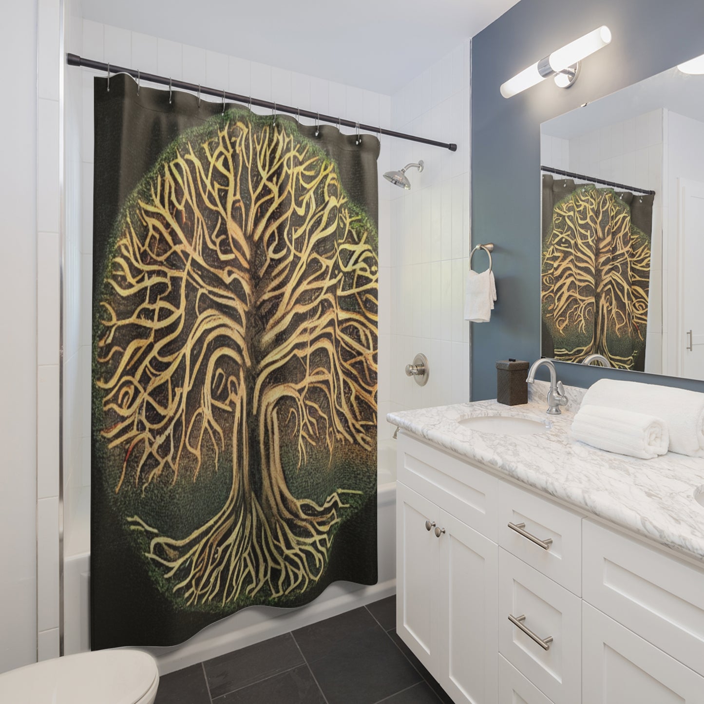 Tree of Life Shower Curtain — Gold Botanical Woodland Bathroom Decor