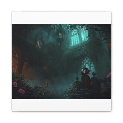 Gothic Romance Matte Canvas Wall Art — Enchanted Ruins with Lovers