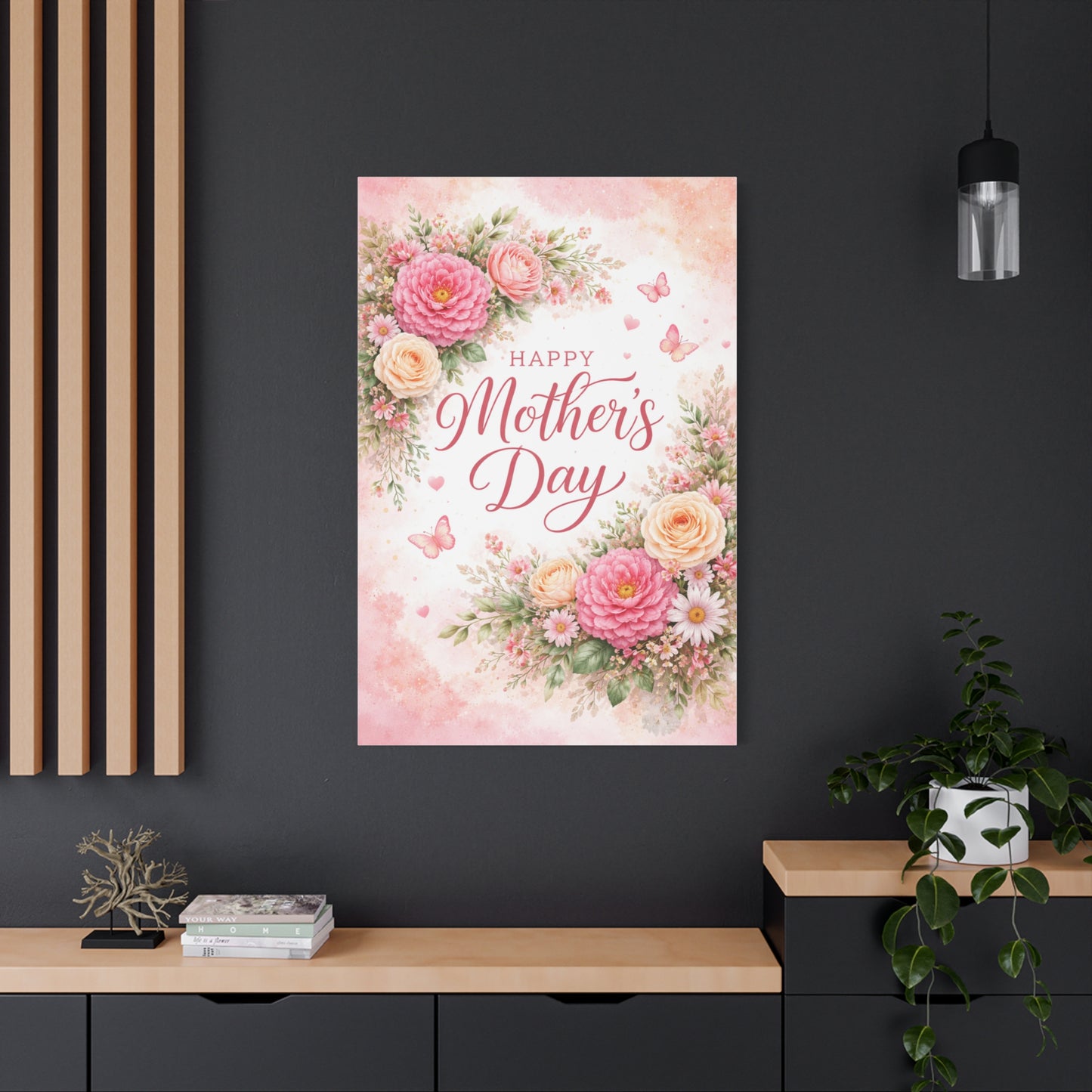 Mother's Day Canvas Wall Art - "Happy Mother's Day" Floral Stretched Matte Print