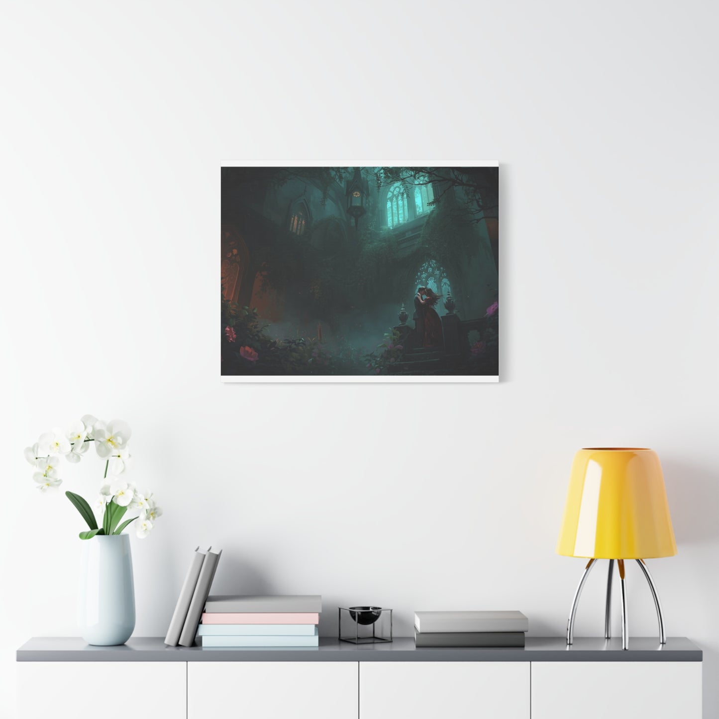 Gothic Romance Matte Canvas Wall Art — Enchanted Ruins with Lovers