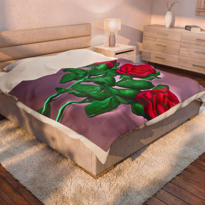 Velveteen Plush Blanket — Vintage Red Roses on Mauve Throw (Cozy Floral Gift for Valentine’s Day & Home Décor)