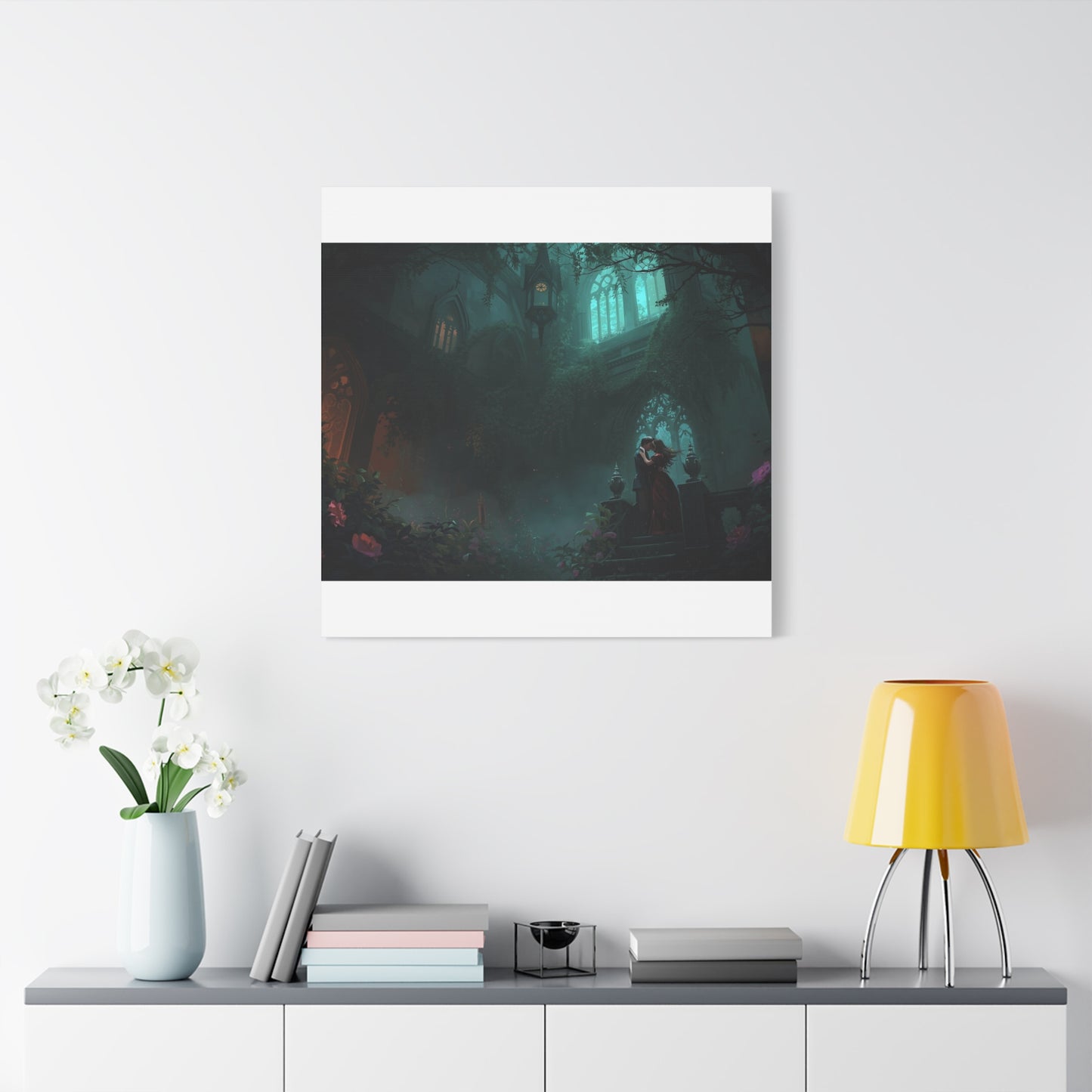 Gothic Romance Matte Canvas Wall Art — Enchanted Ruins with Lovers
