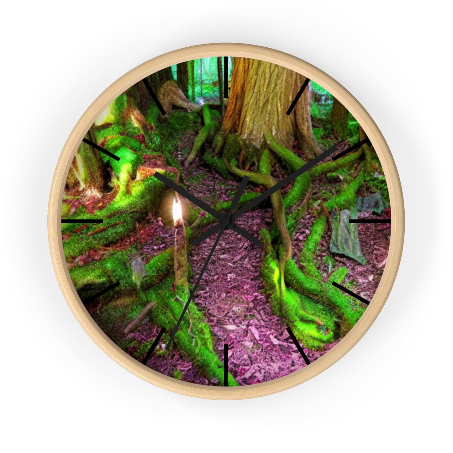 Enchanted Forest Wall Clock — Mossy Tree Roots with Candlelight