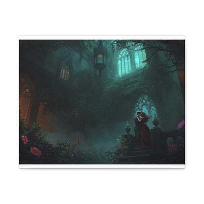 Gothic Romance Matte Canvas Wall Art — Enchanted Ruins with Lovers