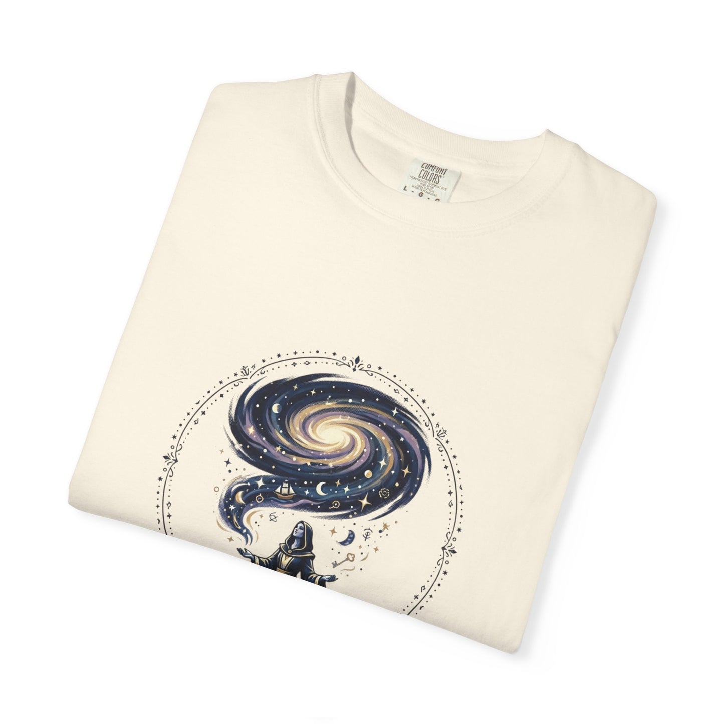 Magic Believe T‑Shirt — Wizard Gazing at Galaxy with "Magic is not about tricks or spells; it's about believing in the impossible" Quote