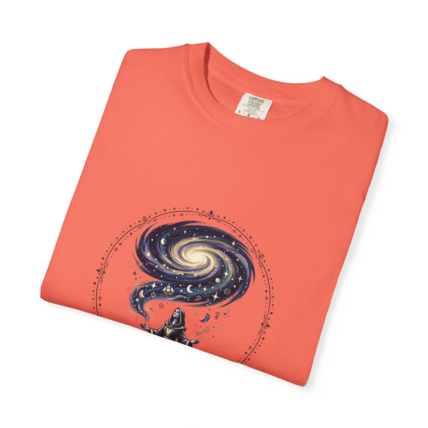 Magic Believe T‑Shirt — Wizard Gazing at Galaxy with "Magic is not about tricks or spells; it's about believing in the impossible" Quote