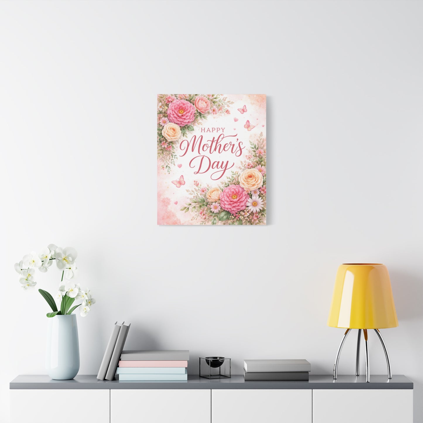 Mother's Day Canvas Wall Art - "Happy Mother's Day" Floral Stretched Matte Print