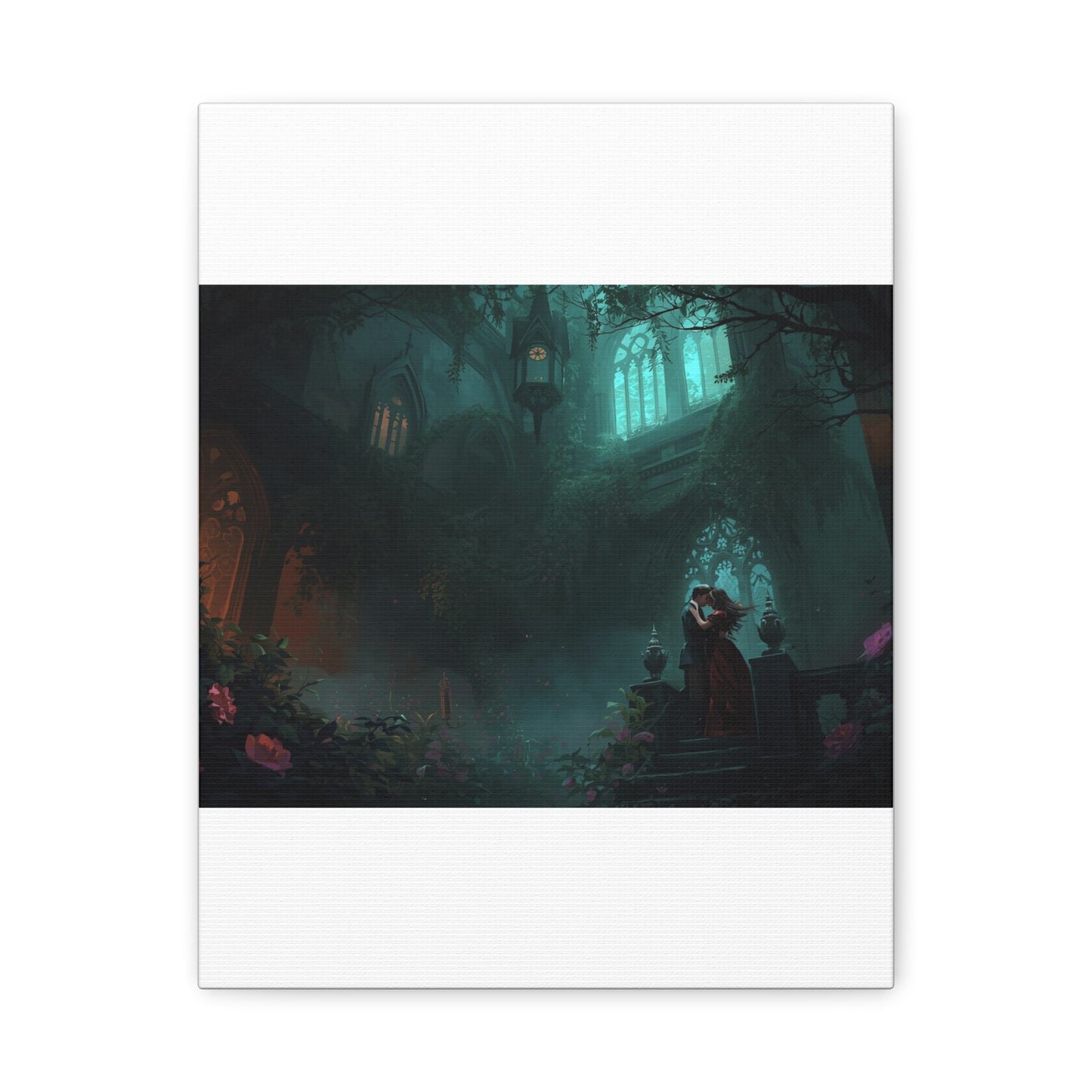 Gothic Romance Matte Canvas Wall Art — Enchanted Ruins with Lovers