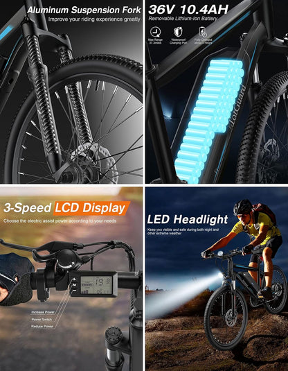 Electric Bike for Adults, 26" Ebike with Peak 500W Brushless Motor, Electric Mountain Bike with 374Wh Removable Battery, 50 Miles Electric Bicycle with Suspension Fork, 21 Speed, LCD Display.