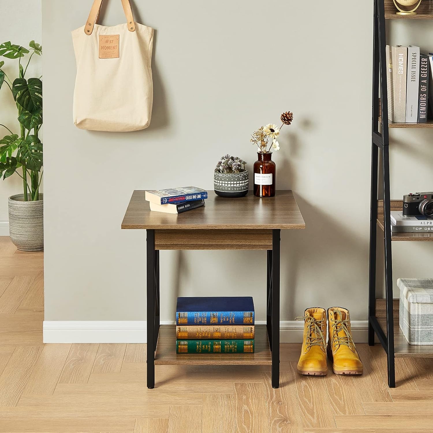 End Table Large 24 Inch Farmhouse Industrial Design Side Table Nightstand with Storage Shelf for Living Room, Easy Assembly, Espresso