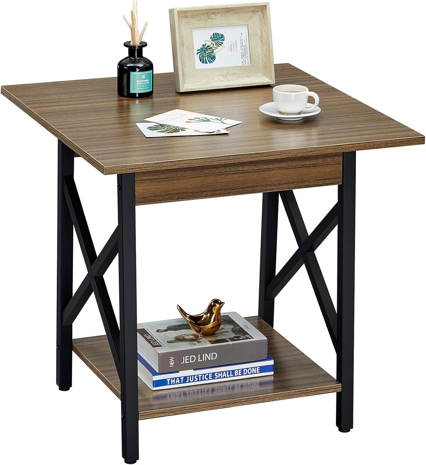 End Table Large 24 Inch Farmhouse Industrial Design Side Table Nightstand with Storage Shelf for Living Room, Easy Assembly, Espresso