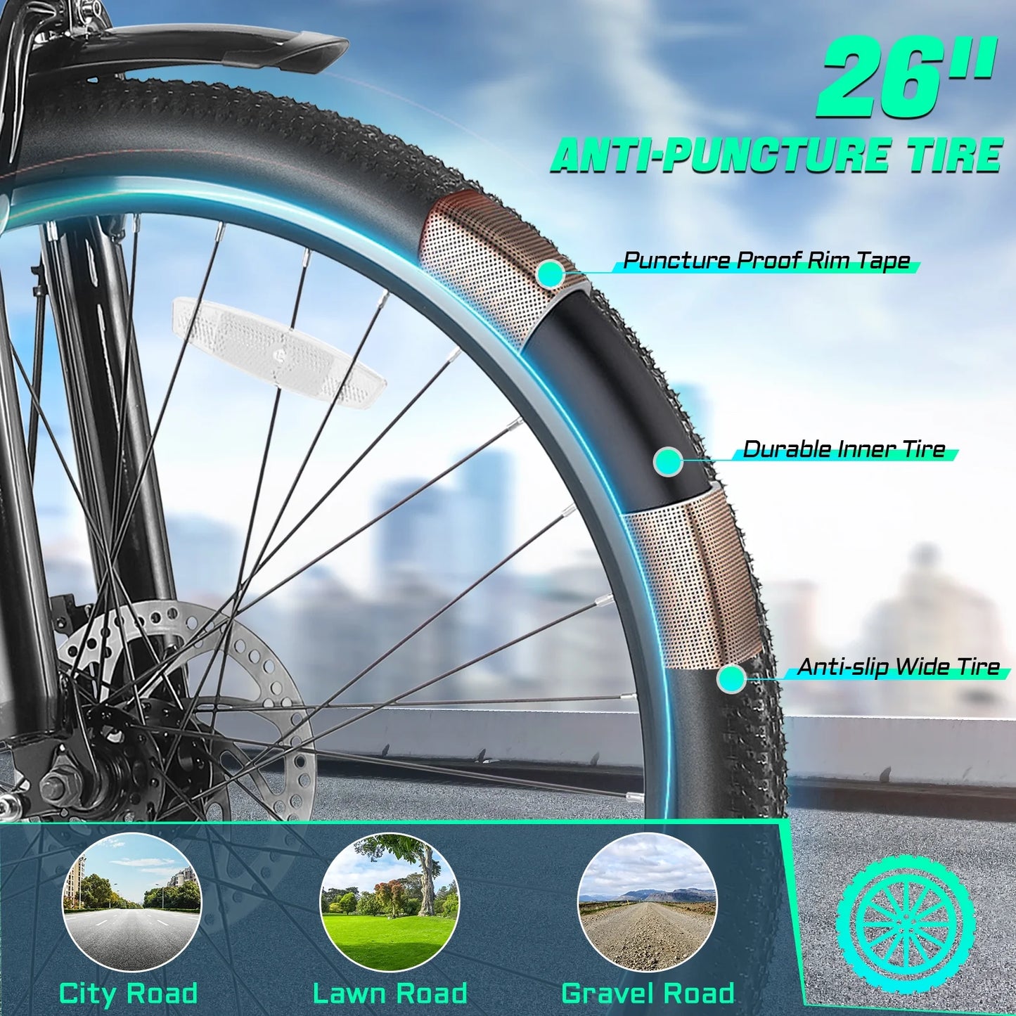 UL2849 Certified 26" Electric Bike for Adults, 750W Peak Motor, 48V 7.8Ah Battery, 19.8 Mph 7-Speed Commuter Ebike with Disc Brakes