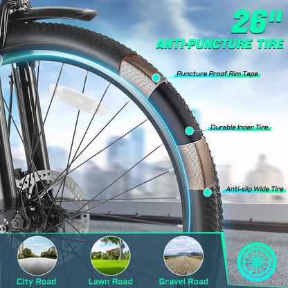 UL2849 Certified 26" Electric Bike for Adults, 750W Peak Motor, 48V 7.8Ah Battery, 19.8 Mph 7-Speed Commuter Ebike with Disc Brakes