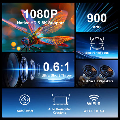 HY450 Projector with Ultra Short Throw Auto Offset 1080P 8K Electronic Focus 900 ANSI Air Mouse Voice Assistant H726