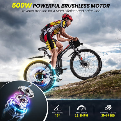 26" Folding Electric Bike for Adults, 750W Peak Motor 48V 7.8Ah Battery, 21 Speed Mountain Ebike, UL2849